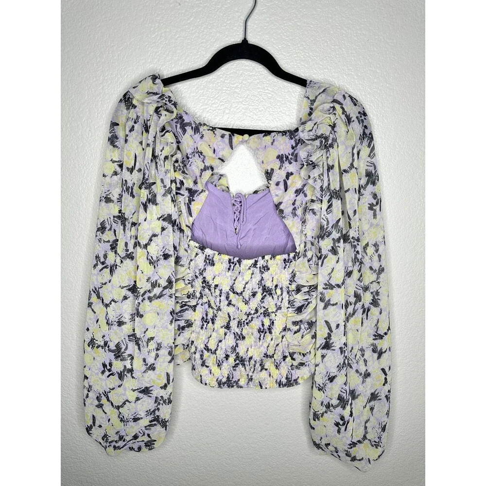 Free People Floral Ruched Blouse Womens Medium Long Sleeve Lace Up Smocked Back - Picture 6 of 6